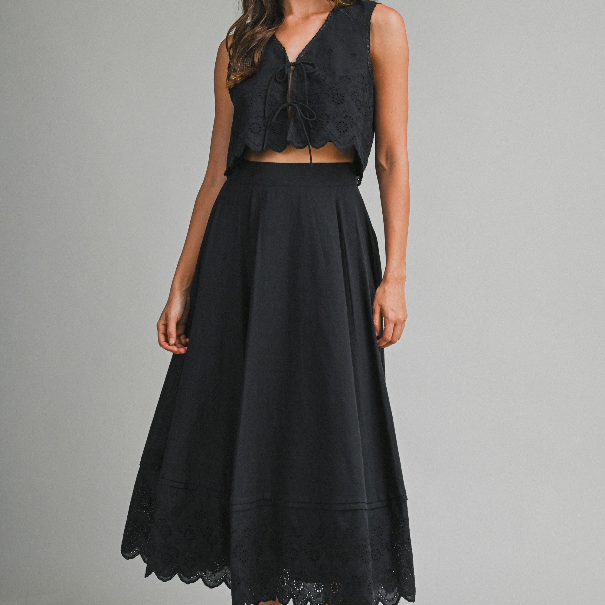 Eyelet Embroidered Crop Top And Midi Skirt Set