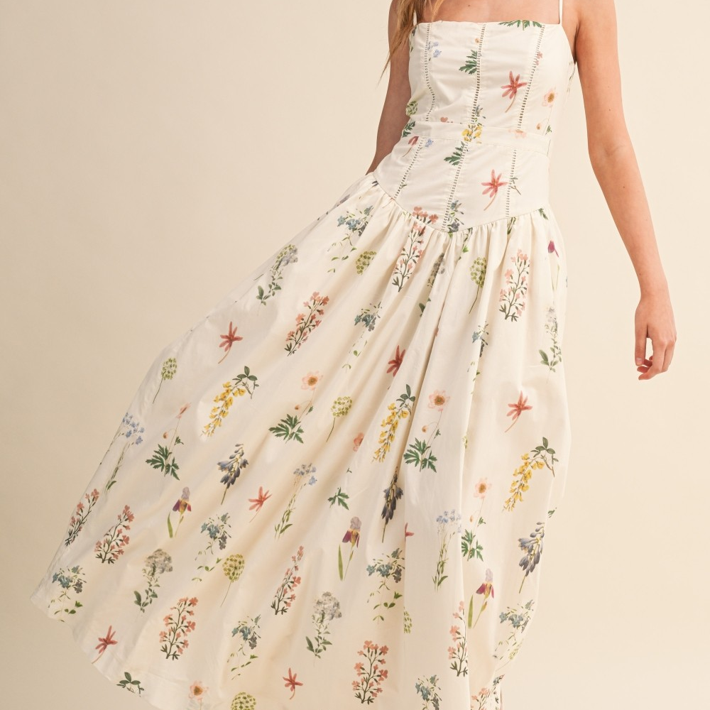 Floral Printed Cami Drop Waist Cut Maxi Dress