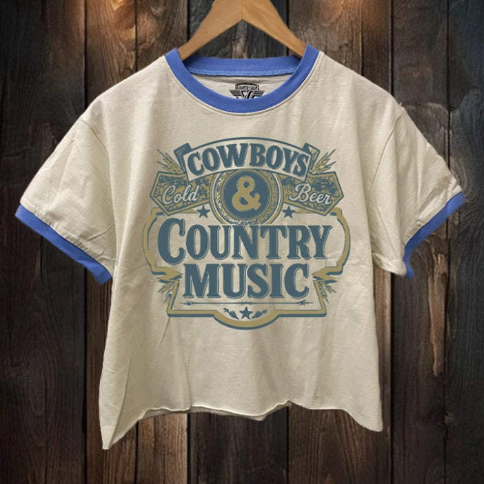 Cowboys, Cold Beer, and Country Music Ringer Relaxed Crop T