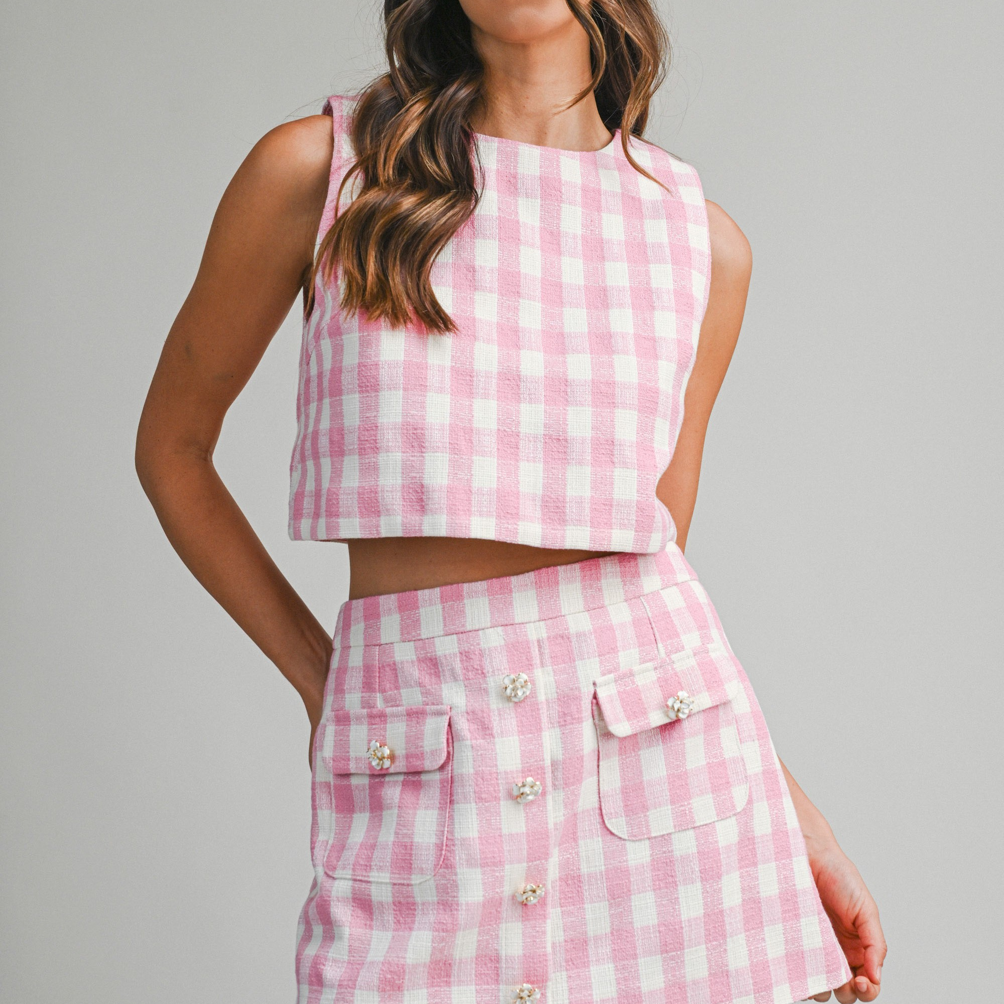 Gingham Plaid Sleeveless Crop Top And Skirt Set