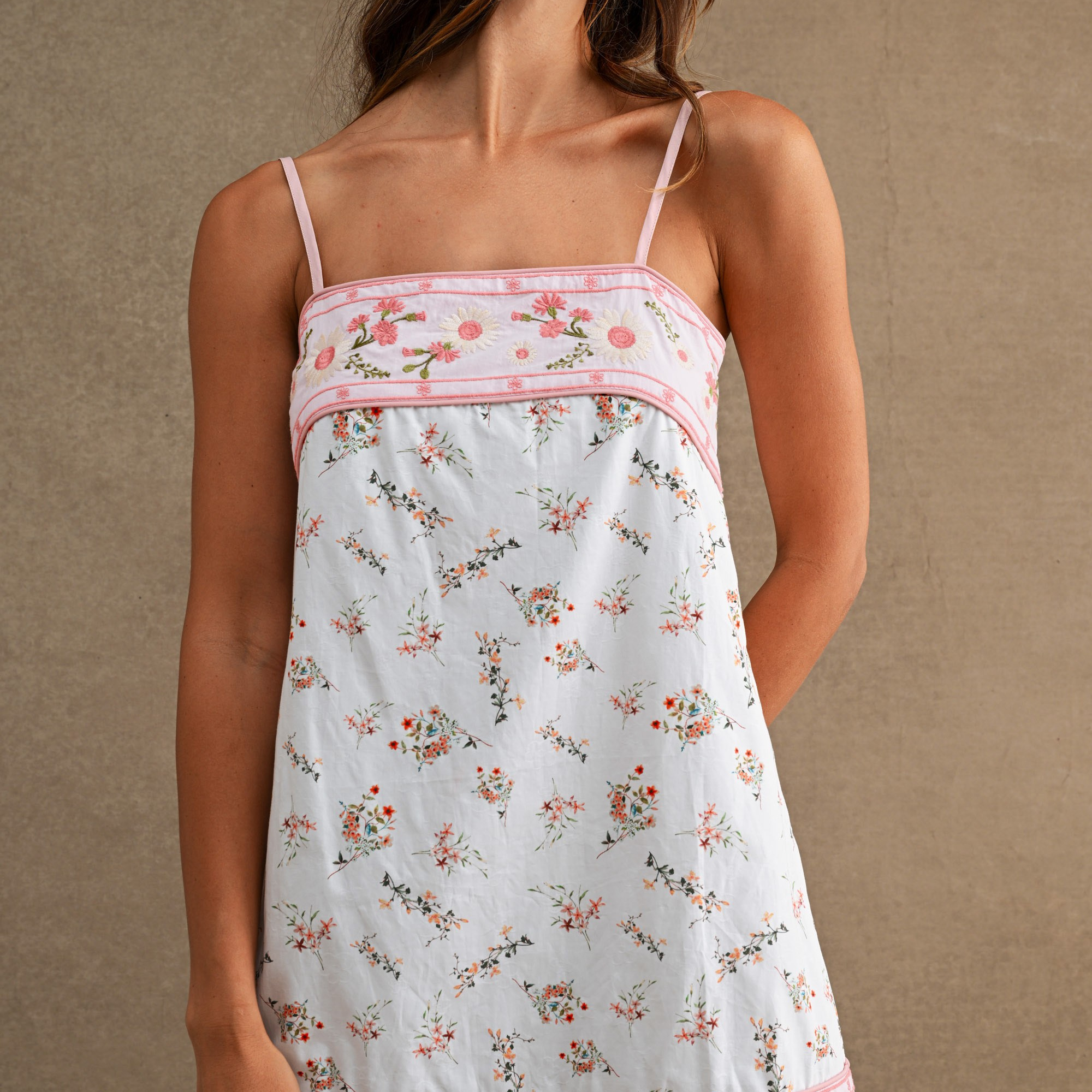 Floral Print Adjustable Strap Contrast Border Mini Dress