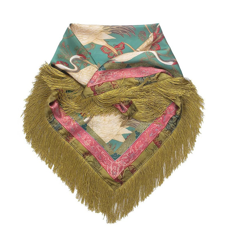 Satin Print Tassel Fringe Square Neckerchief Scarf