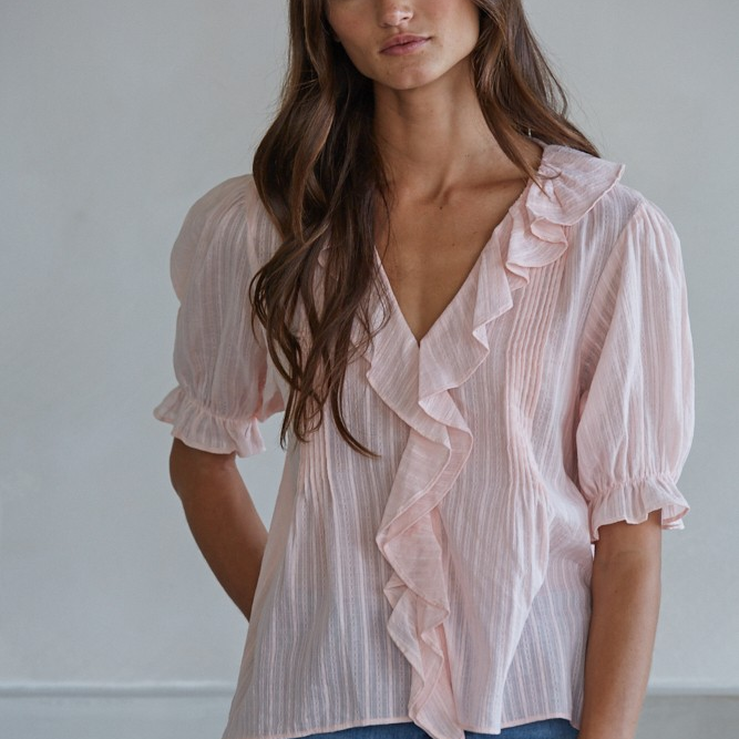 Woven Cotton Buttondown V-Neck Short Sleeve Top