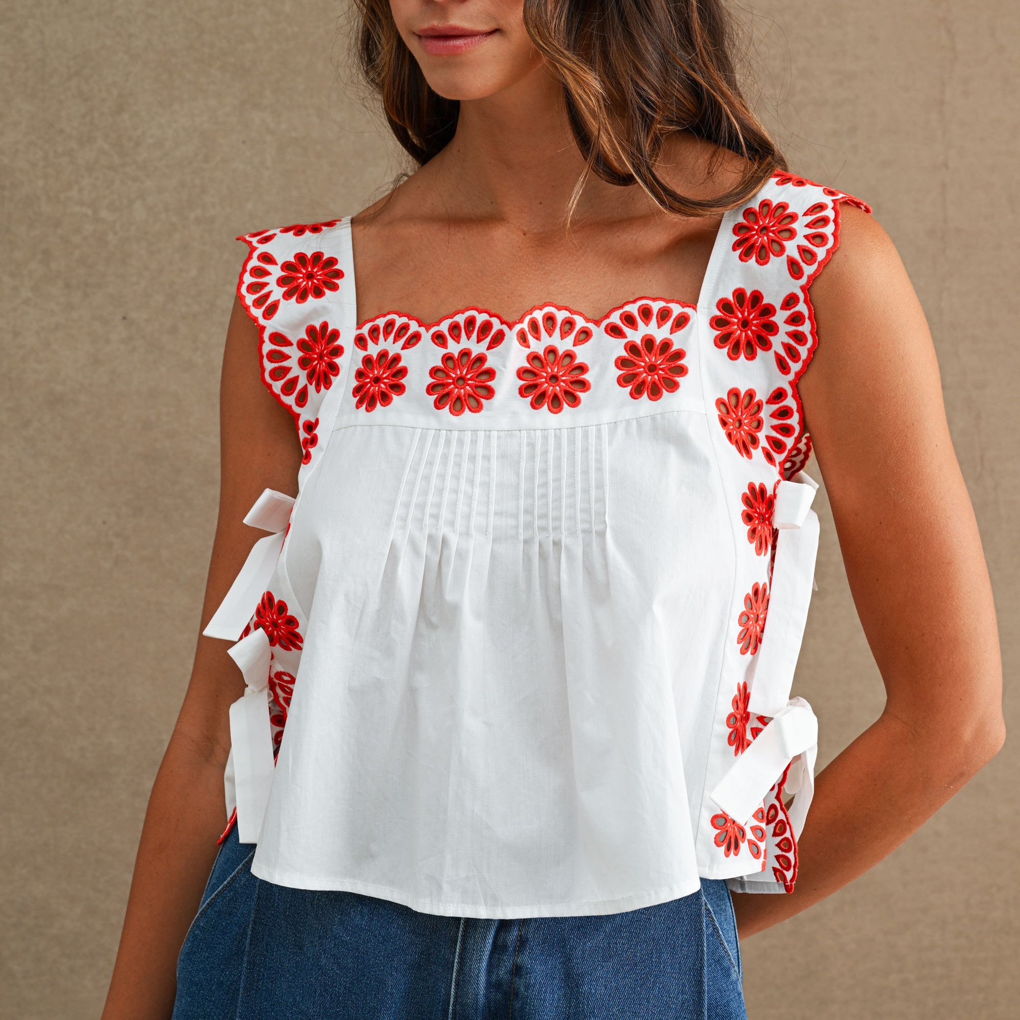 Eyelet Embroidered Square Neck Side Tie Crop Top