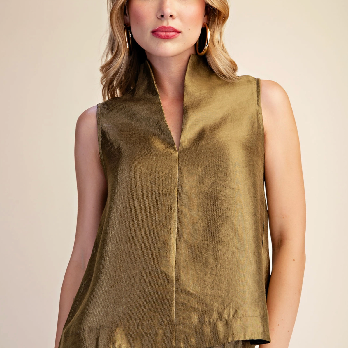 Stand Collar Slit V-Neck Sleeveless Top