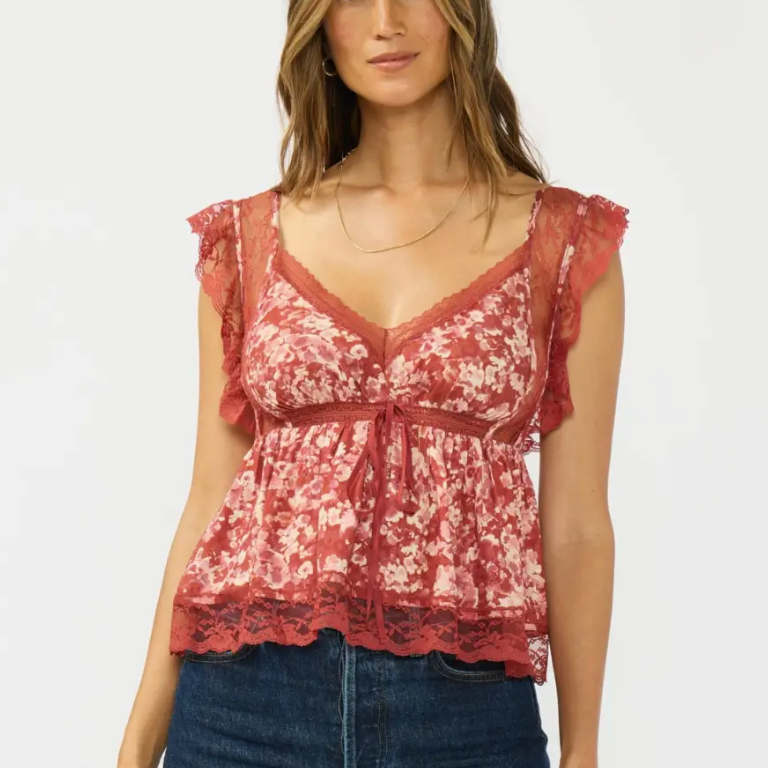 V-Neck Button Back Lace Top
