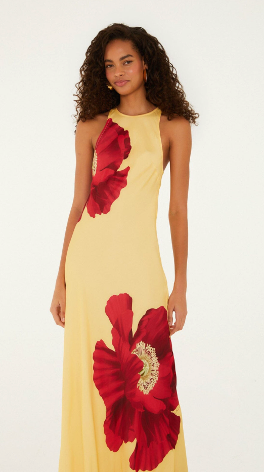 Poppy Flowers Light Yellow Sleeveless Maxi Dress