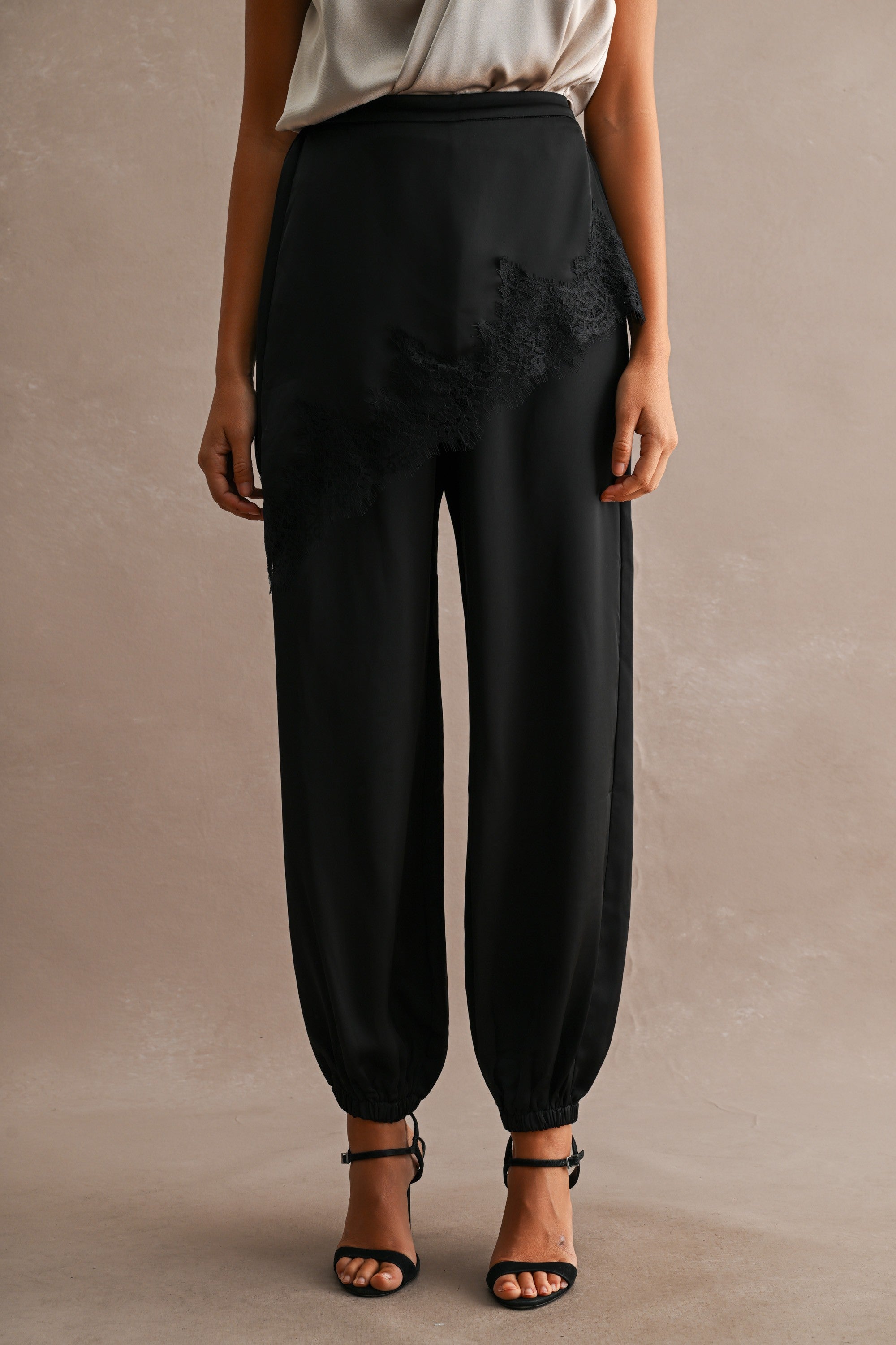 Satin Asymmetric Lace Trim Layered Jogger Pants