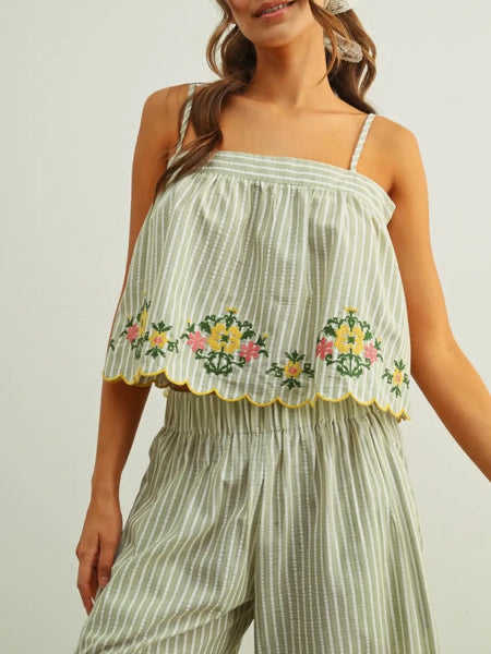 Floral Embroidery with Striped Top
