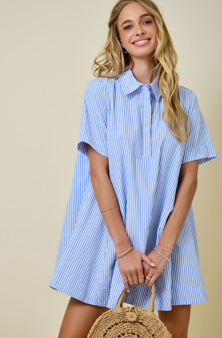 Striped Short Sleeve A-line Shirt Swing Dress