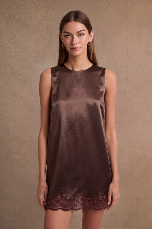Satin Sleeveless Round Neckline Lace Trim Hem Mini Dress