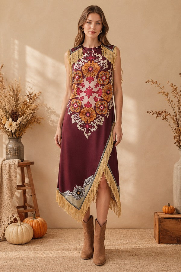 Printed Fringe Midi Dress