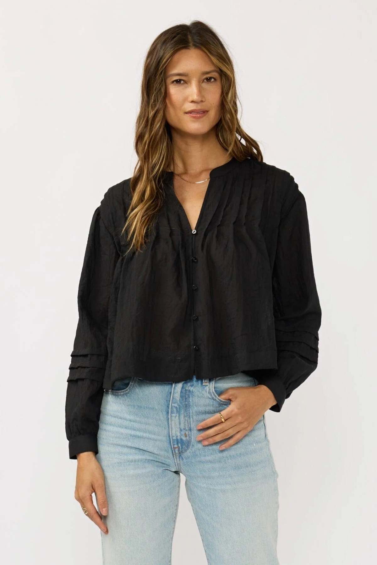 Pintuck Pleated Button-Down Blouse