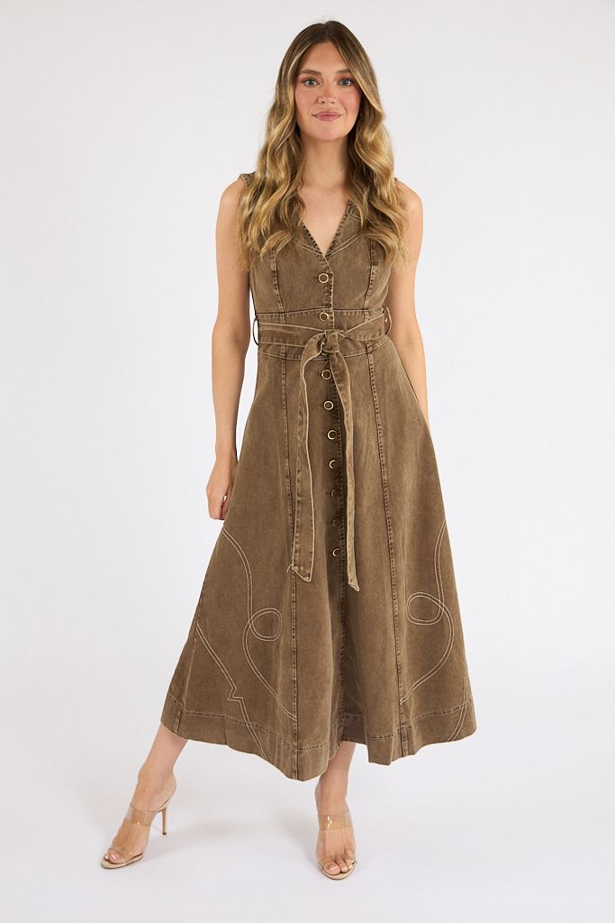 Western Embroidered Button Down Midi Dress