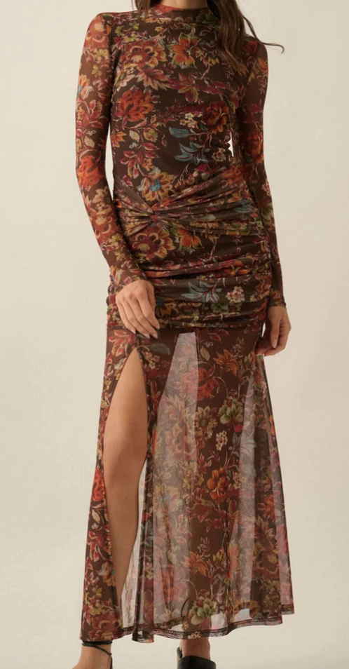 Floral Mesh Mock-Neck Knot-Waist Long-Sleeve Maxi Dress
