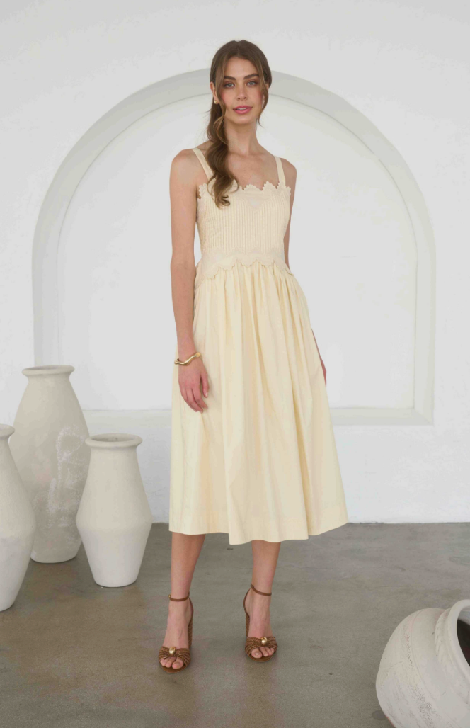 Embroidered Cotton Midi Dress in Butter Yellow L Embroidered Cotton Midi Dress in Butter Yellow L