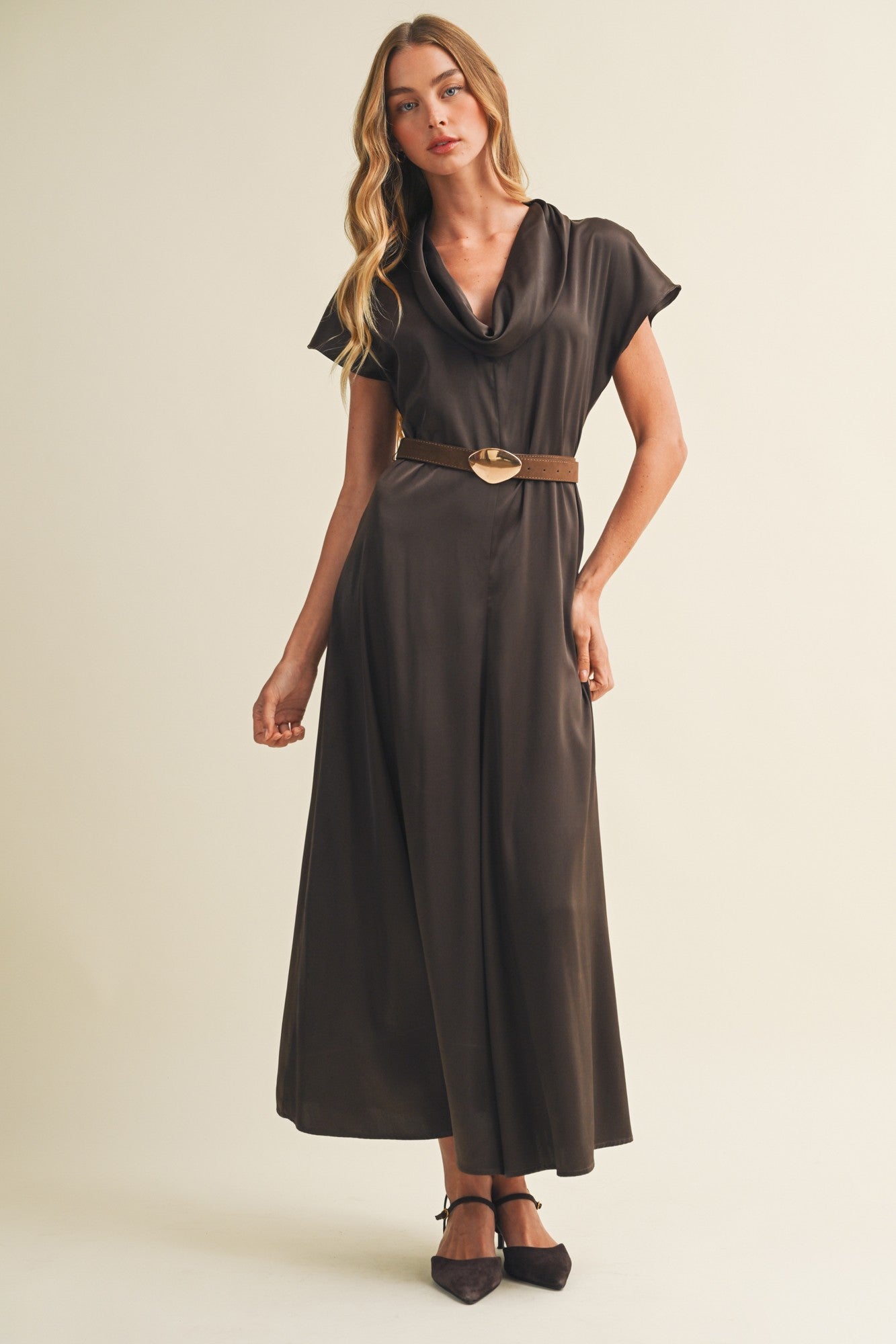 Cowl Neck Liquid Drape Maxi Dress