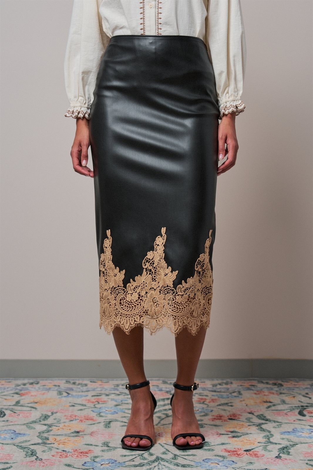Faux Leather Midi Skirt with Lace Hem
