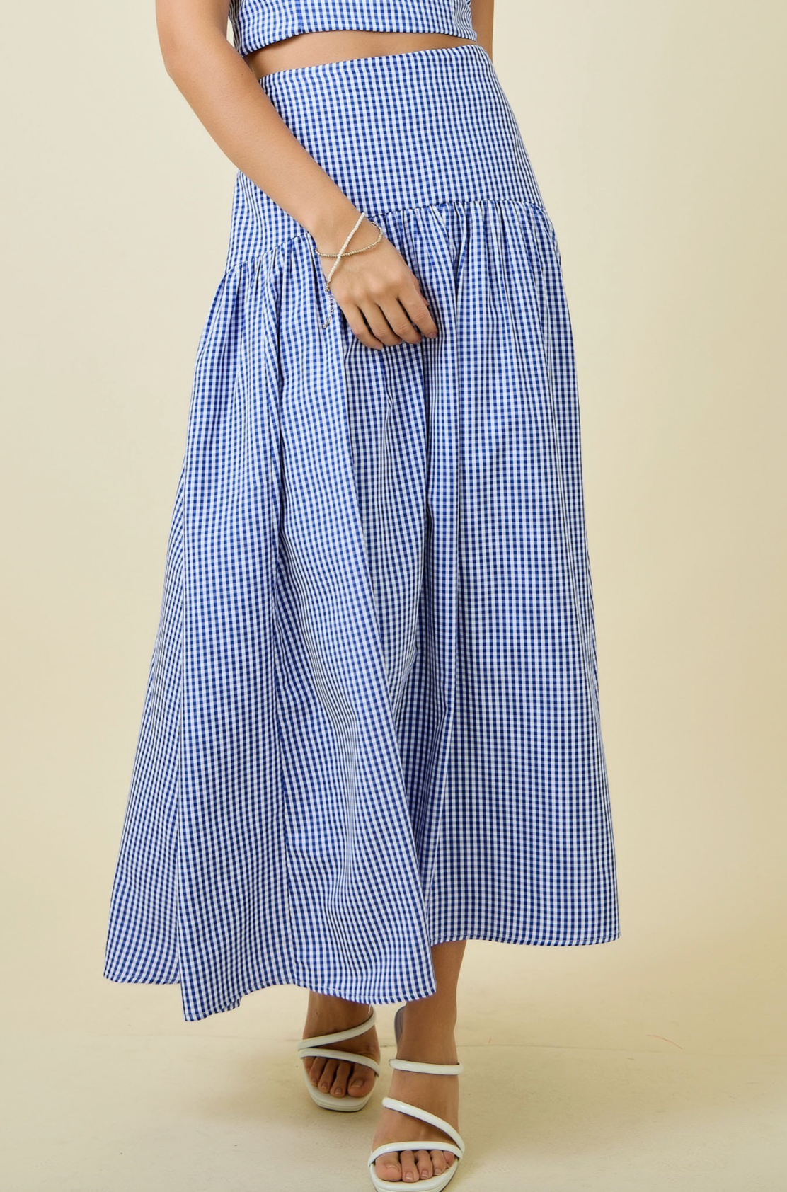 Gingham Flared Maxi Skirt With Curved Yoke
