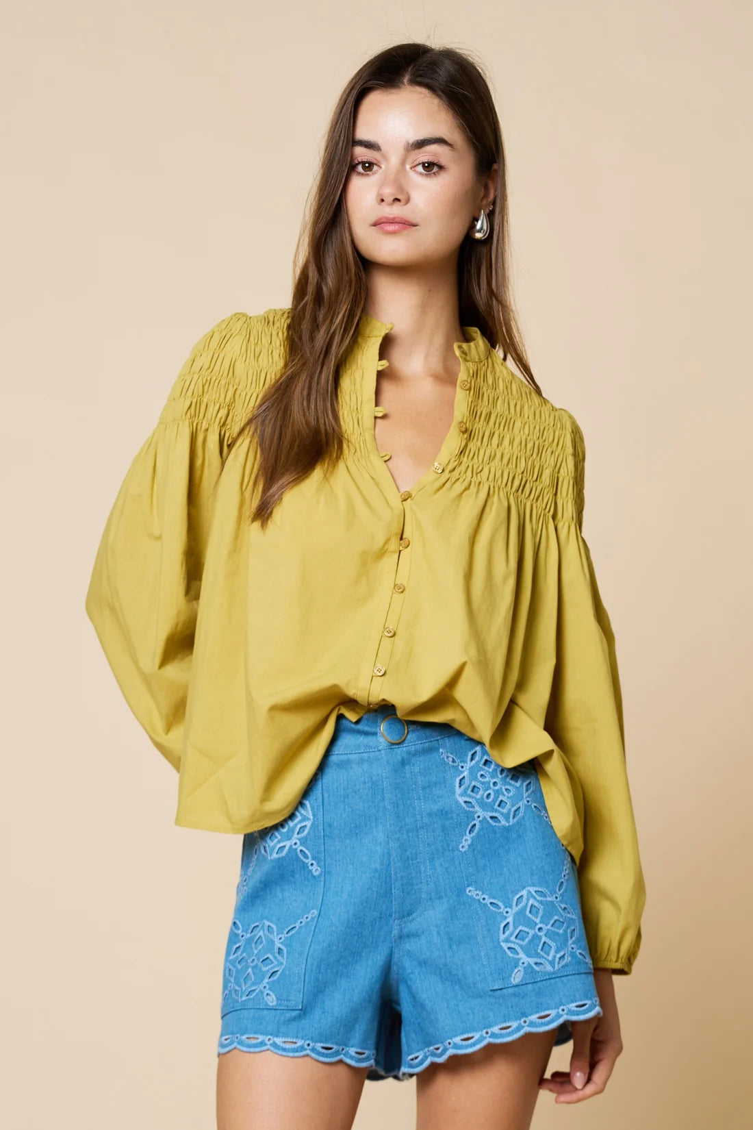 Smocked Bubble Sleeve Button Down Blouse