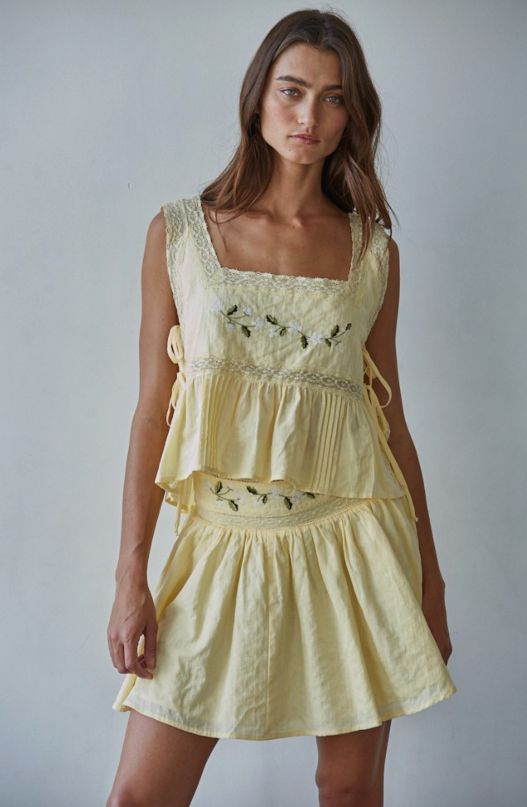 Woven Cotton Floral Embroidery Square Neck Top