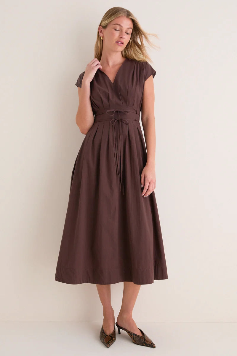 Pleated V Neck Midi Dress