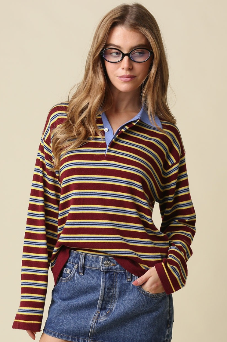 Lena Stripe Collared Knit Top