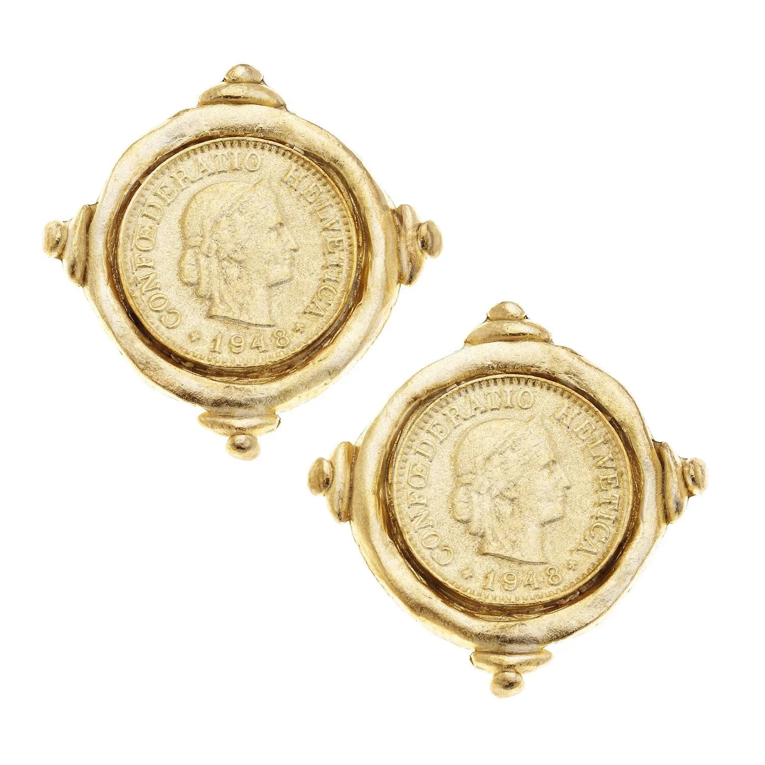 Gold Intaglio Coin Pierced Earrings