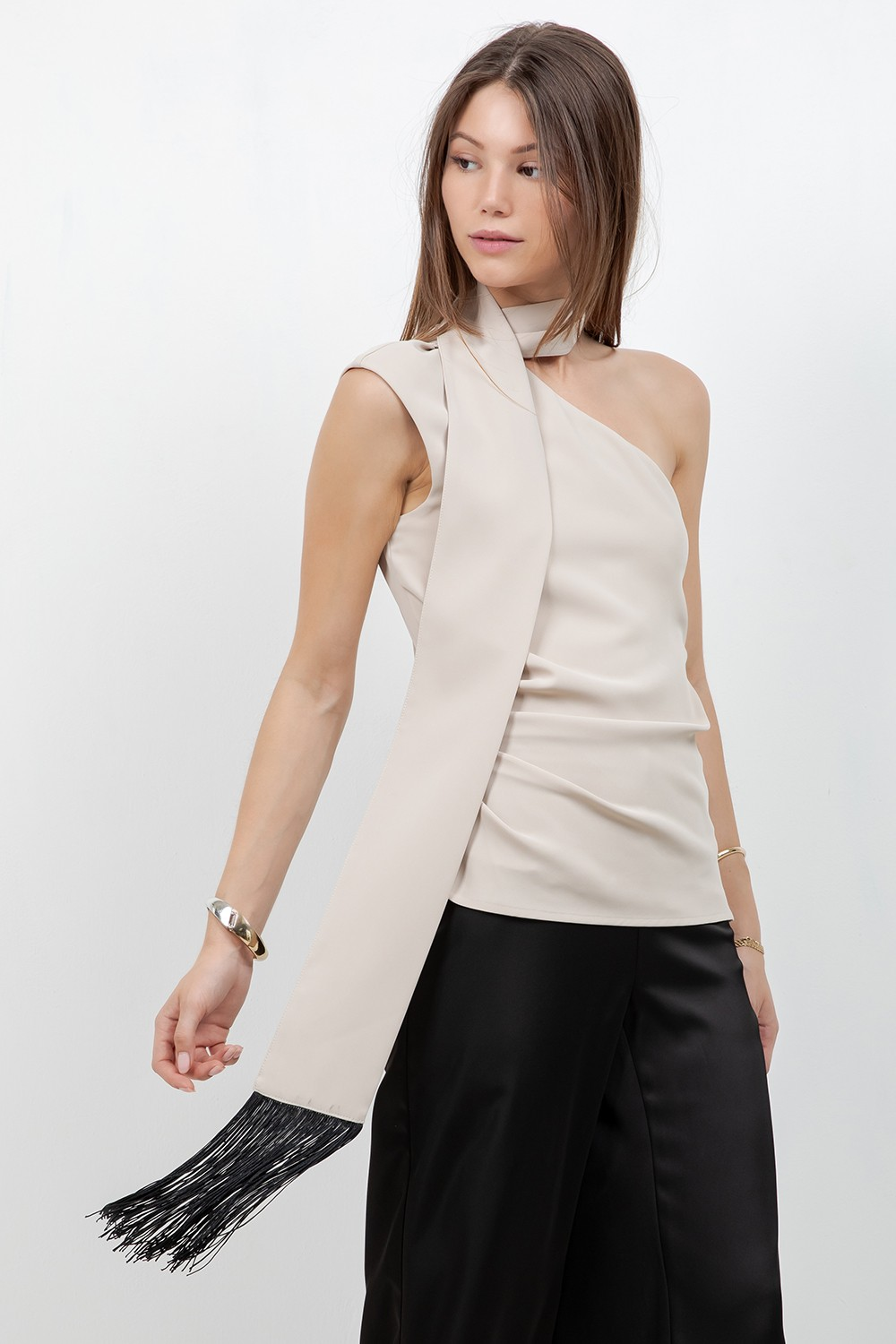 One Shoulder Blouse with Tassel Finish Scarf