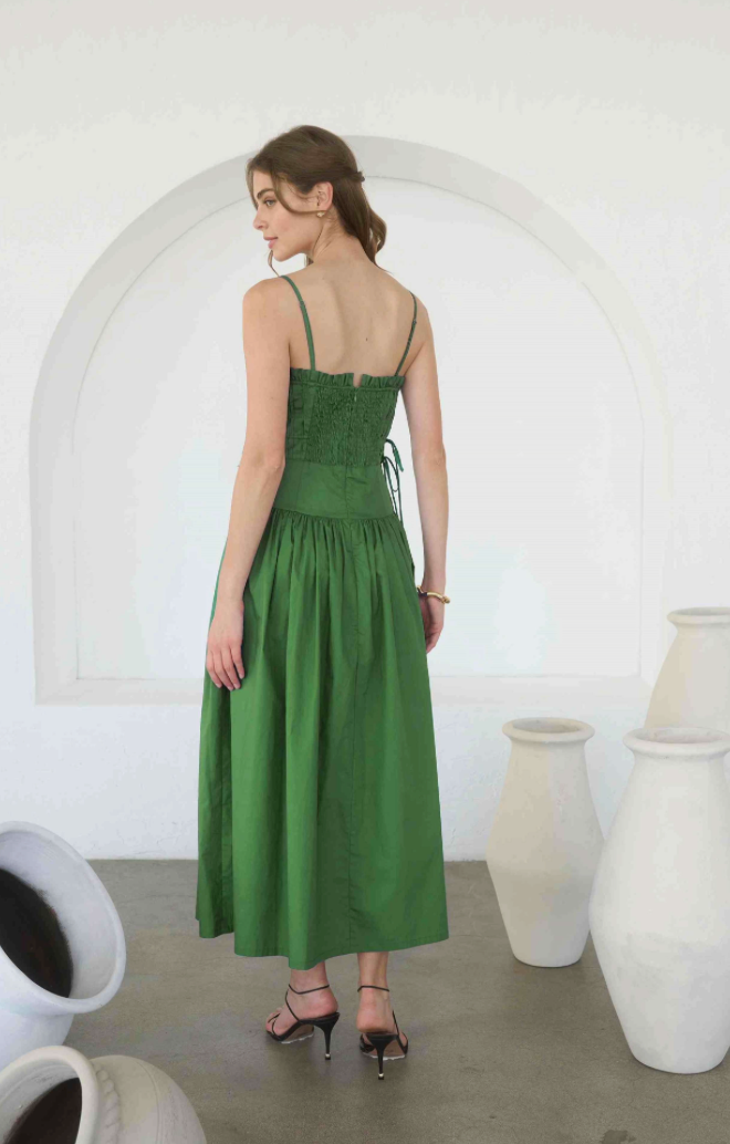 Pleated Midi Dress in Moss Green M
