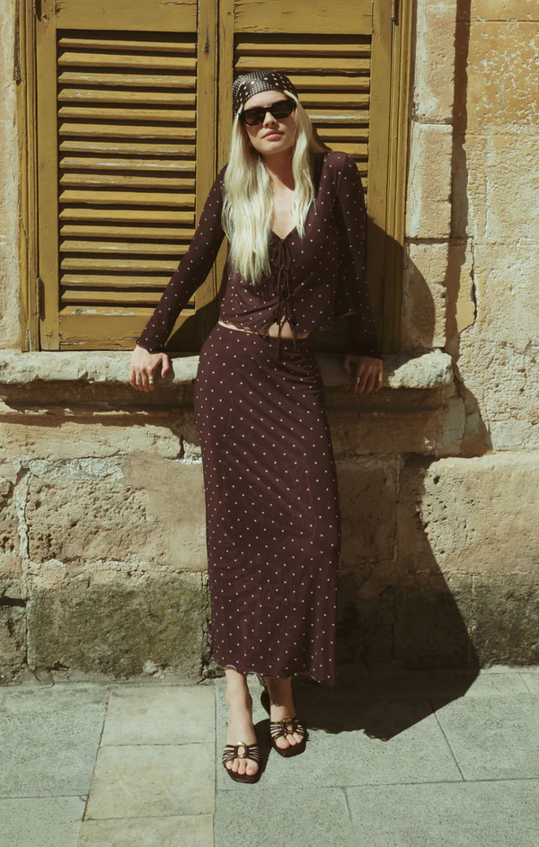 Eda Polka Dot Mesh Midi Skirt in Dark Chocolate