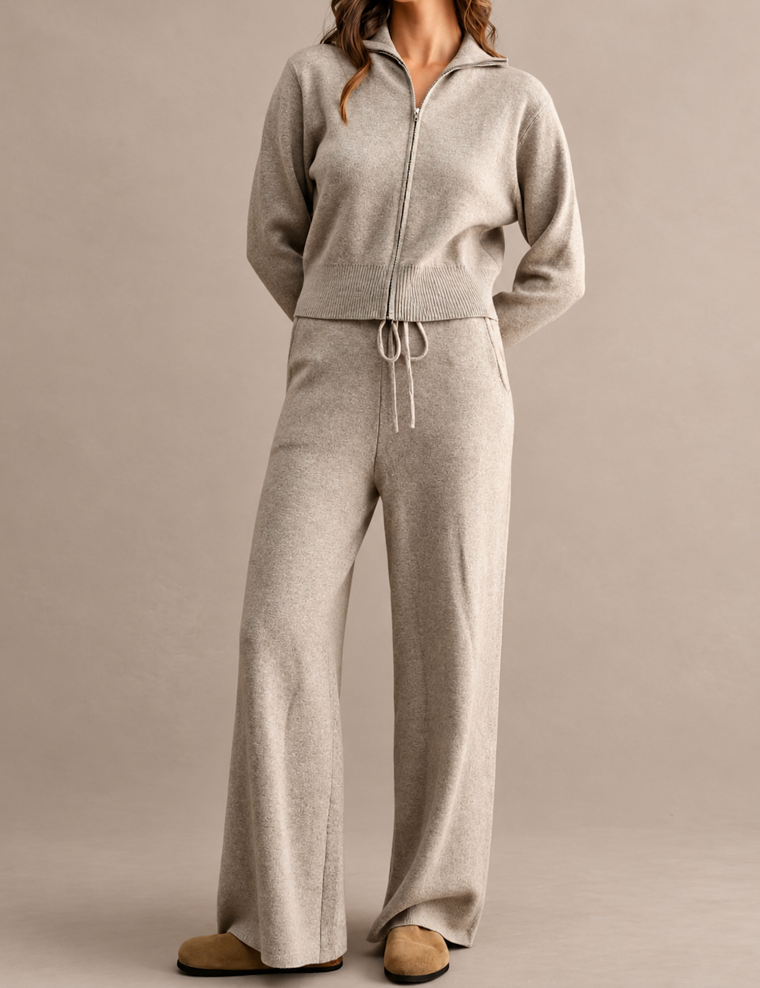 Knit Long Sleeve Zip-up Collared Cardigan And Pants Set