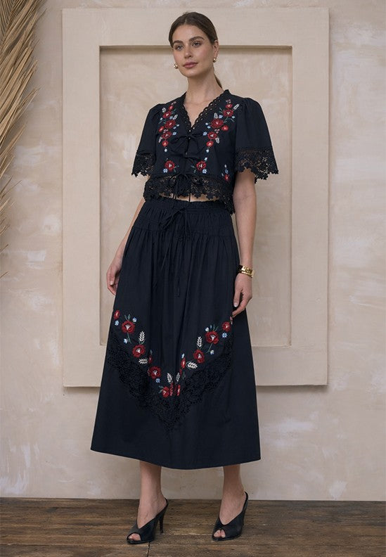 Embroidered Floral Flutter Sleeve Tie Front Top