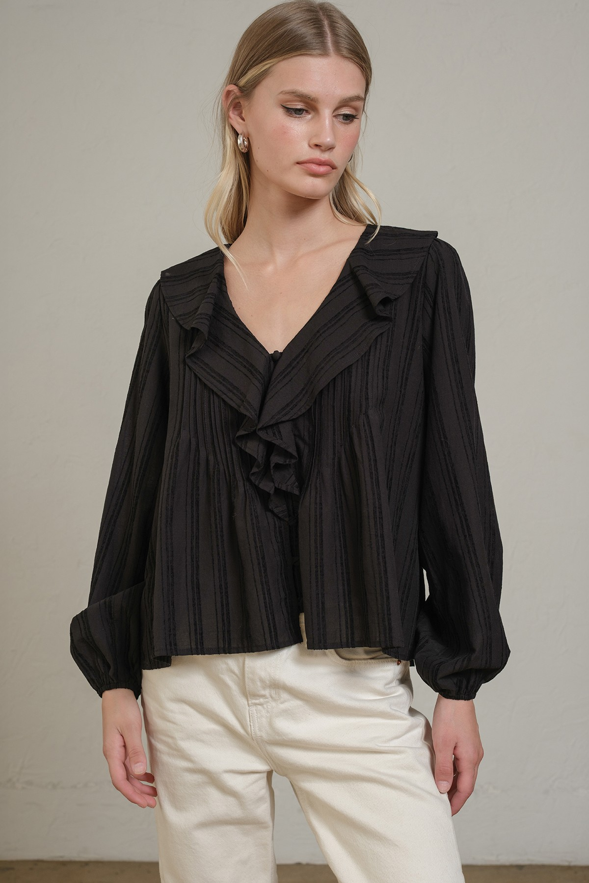 Ruffle Trim Striped Blouse