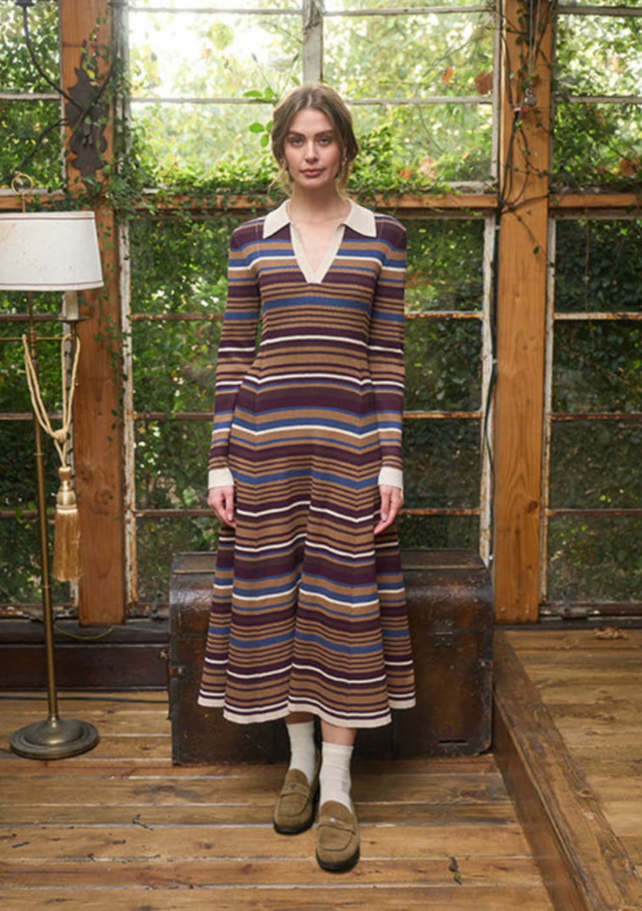 Multicolor Stripe Collared Long Sleeve Midi Dress