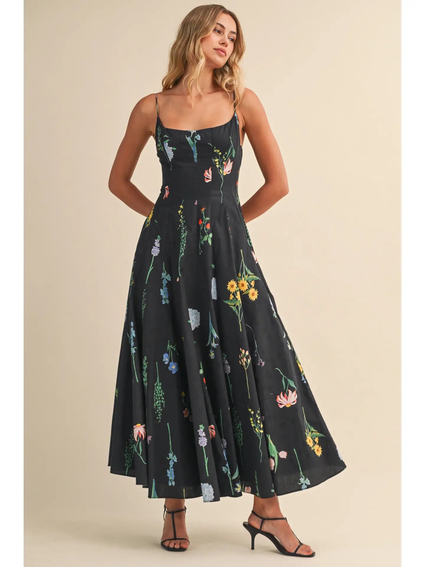 Floral Printed Sleeveless Flared Maxi Dress