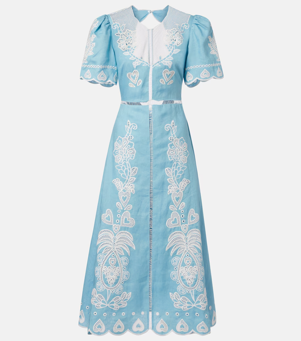 Light Blue Embroidery Short Sleeve Midi Dress