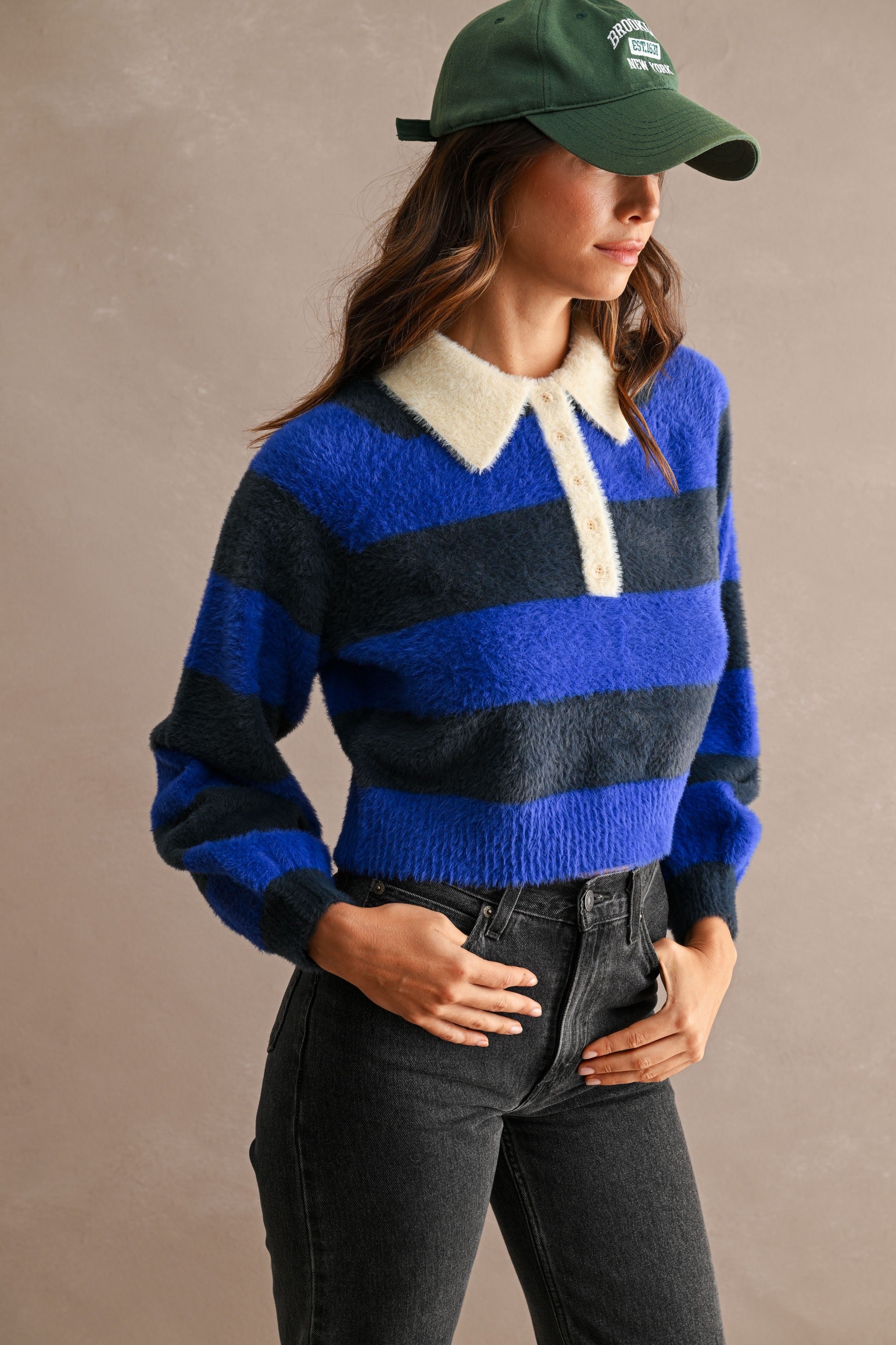Stripe Fuzzy Knit Contrast Collar Button Placket Sweater Top