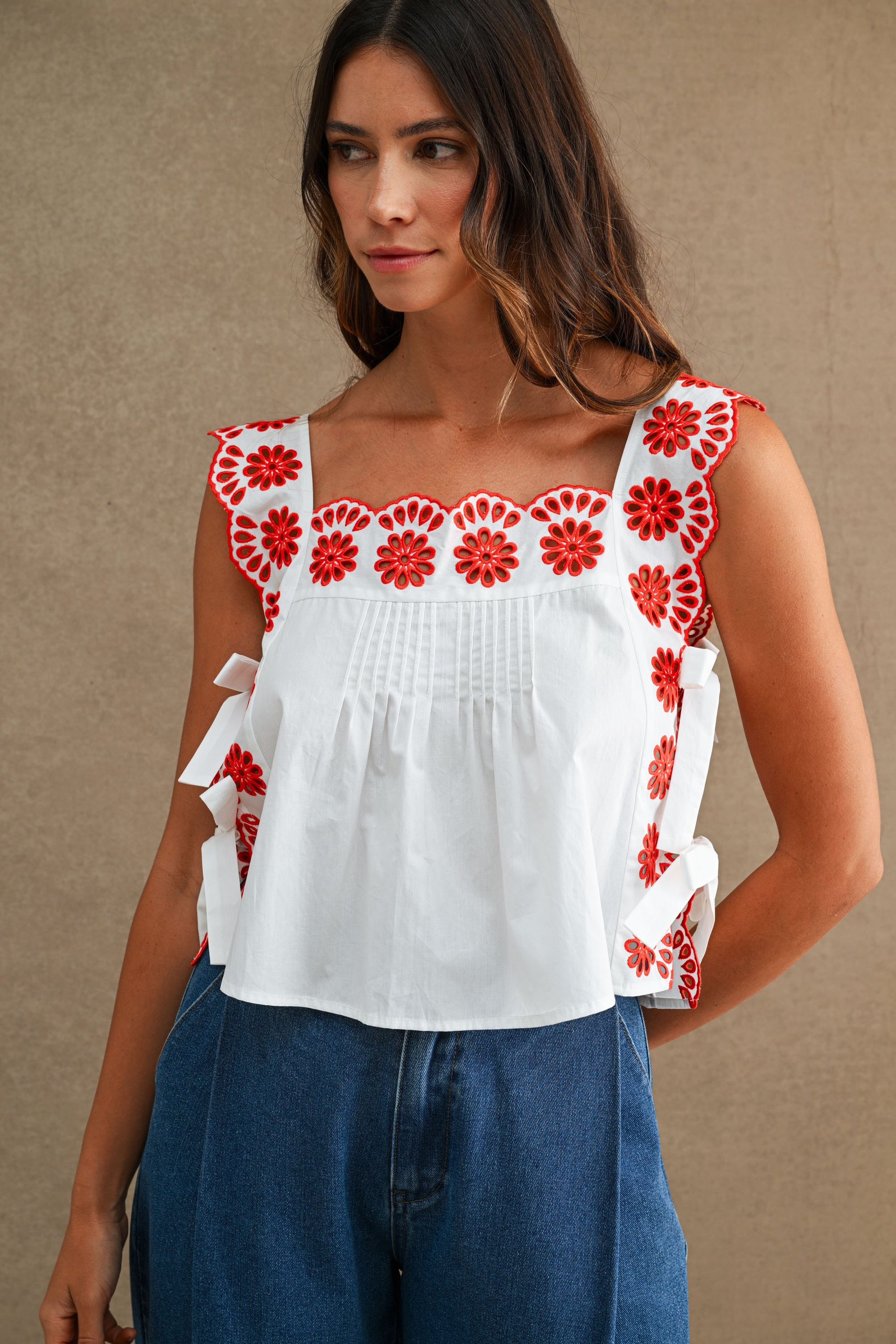Eyelet Embroidered Square Neck Side Tie Crop Top – II Brunettes