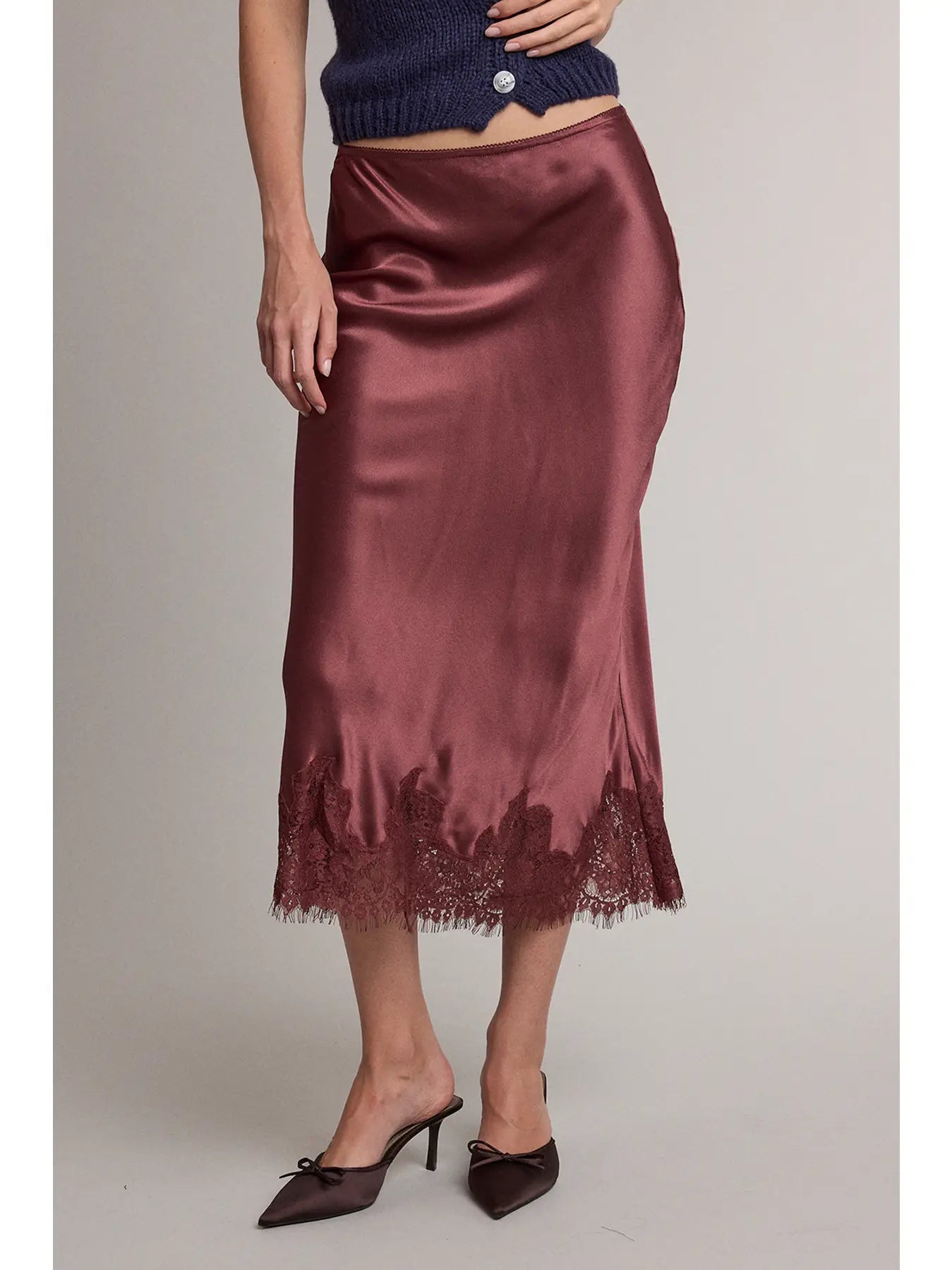 Satin Lace Trim Midi Skirt