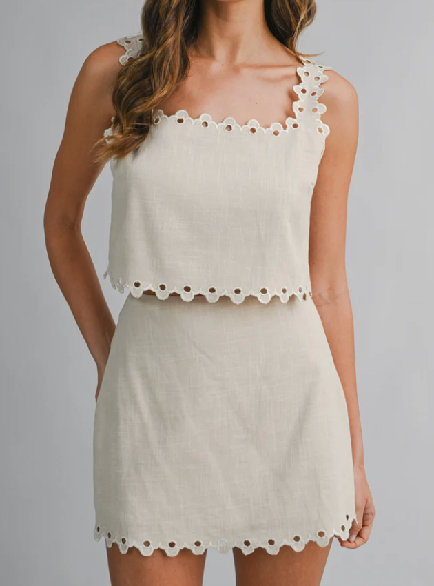 Linen Mix Scalloped Cut Out Trim Top And Skirt Set