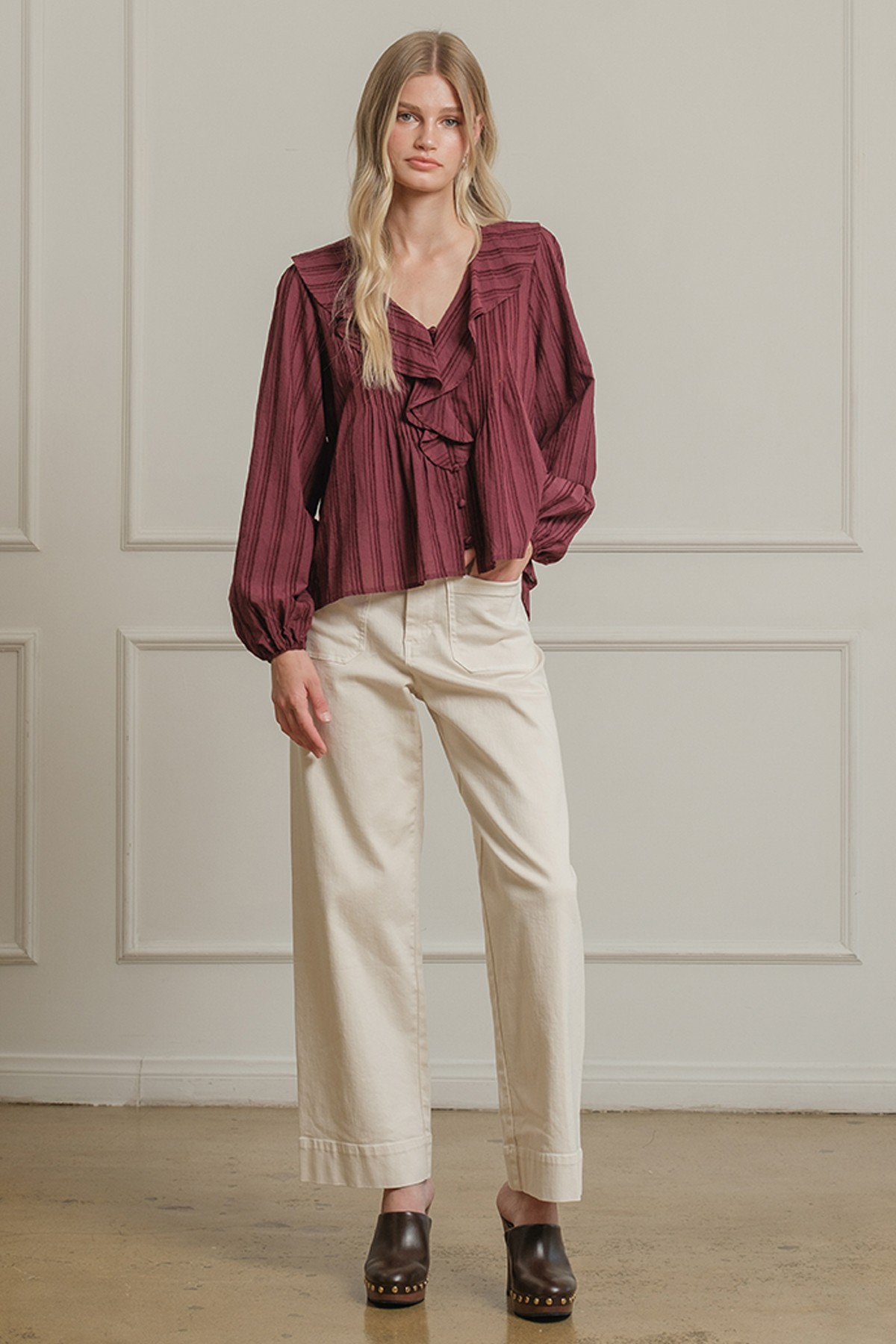 Ruffle Trim Striped Blouse