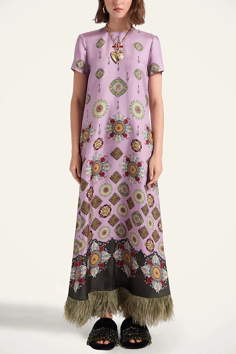 Fringe Short Sleeve Floral Maxi Dress
