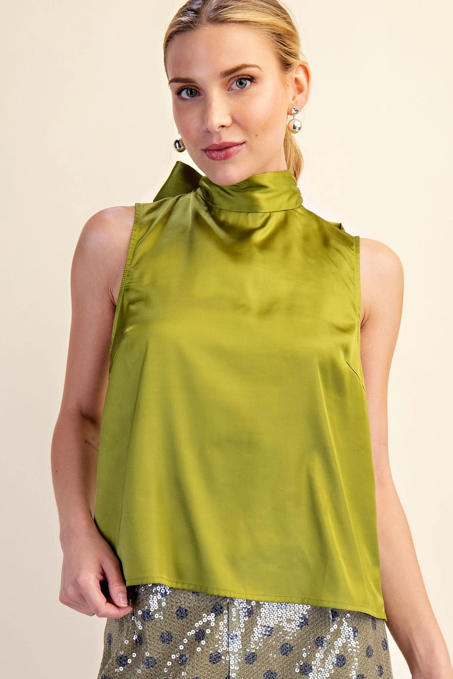Mock Neck Back Tie Satin Top