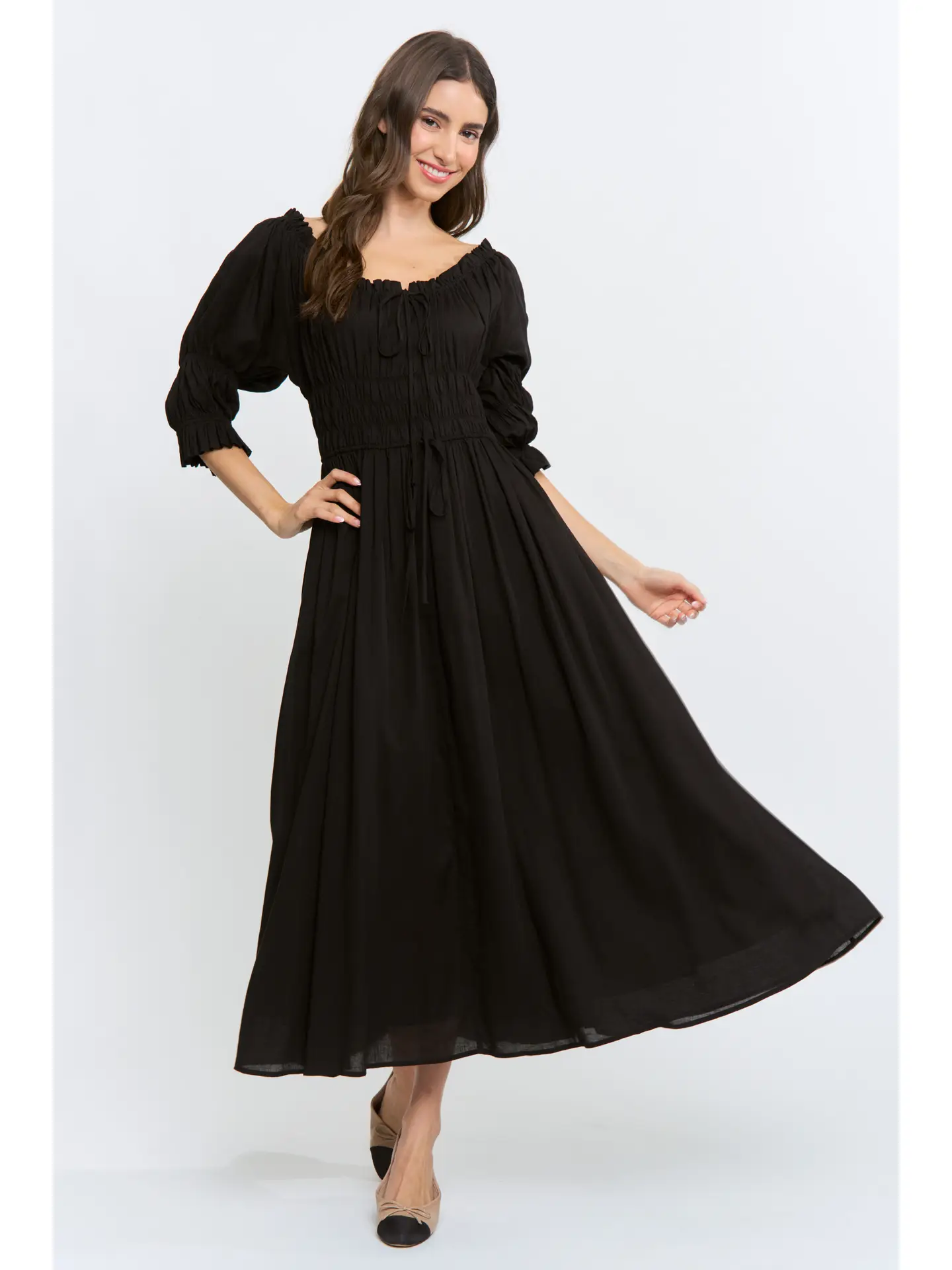 Off-Shoulder Smocked Midi Dress
