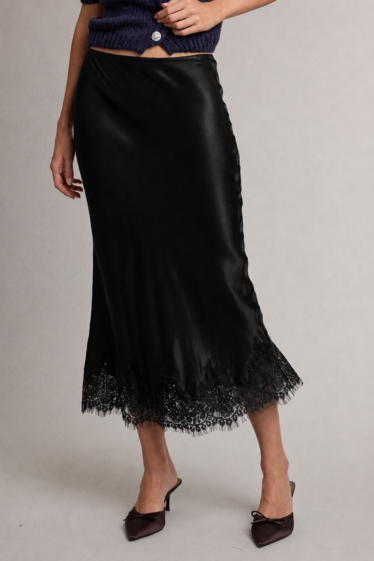 Satin Lace Trim Midi Skirt