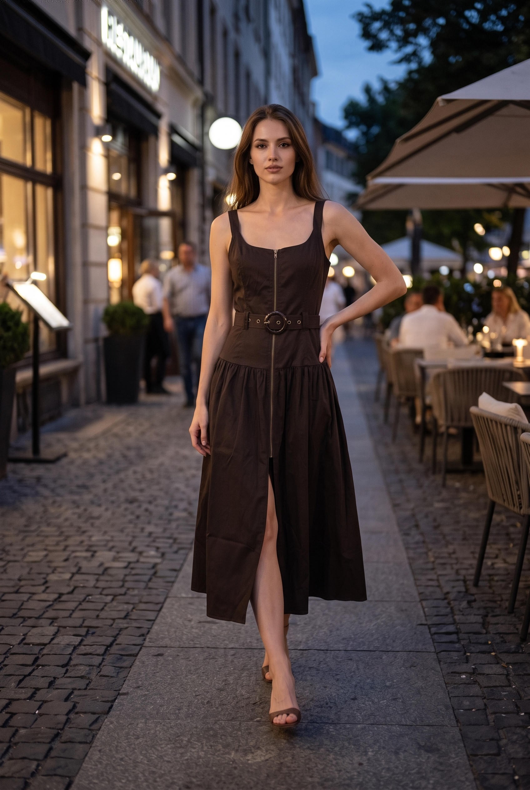 Belted Zip Front Midi Dress