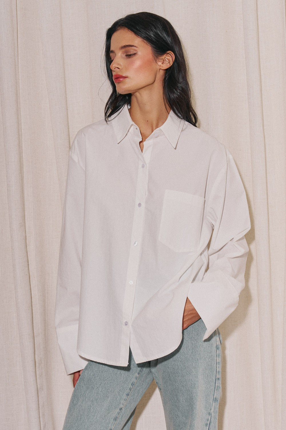 Ladies Woven Oversized Button Down Shirt