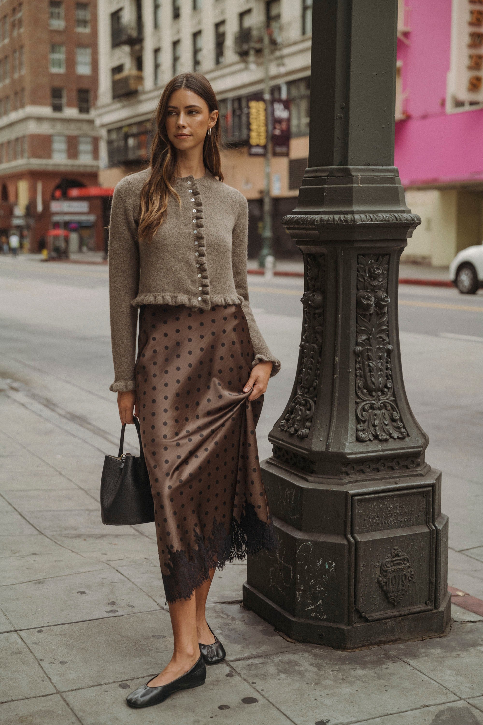 Satin Polka Dot Print Lace Trim Hem Midi Skirt