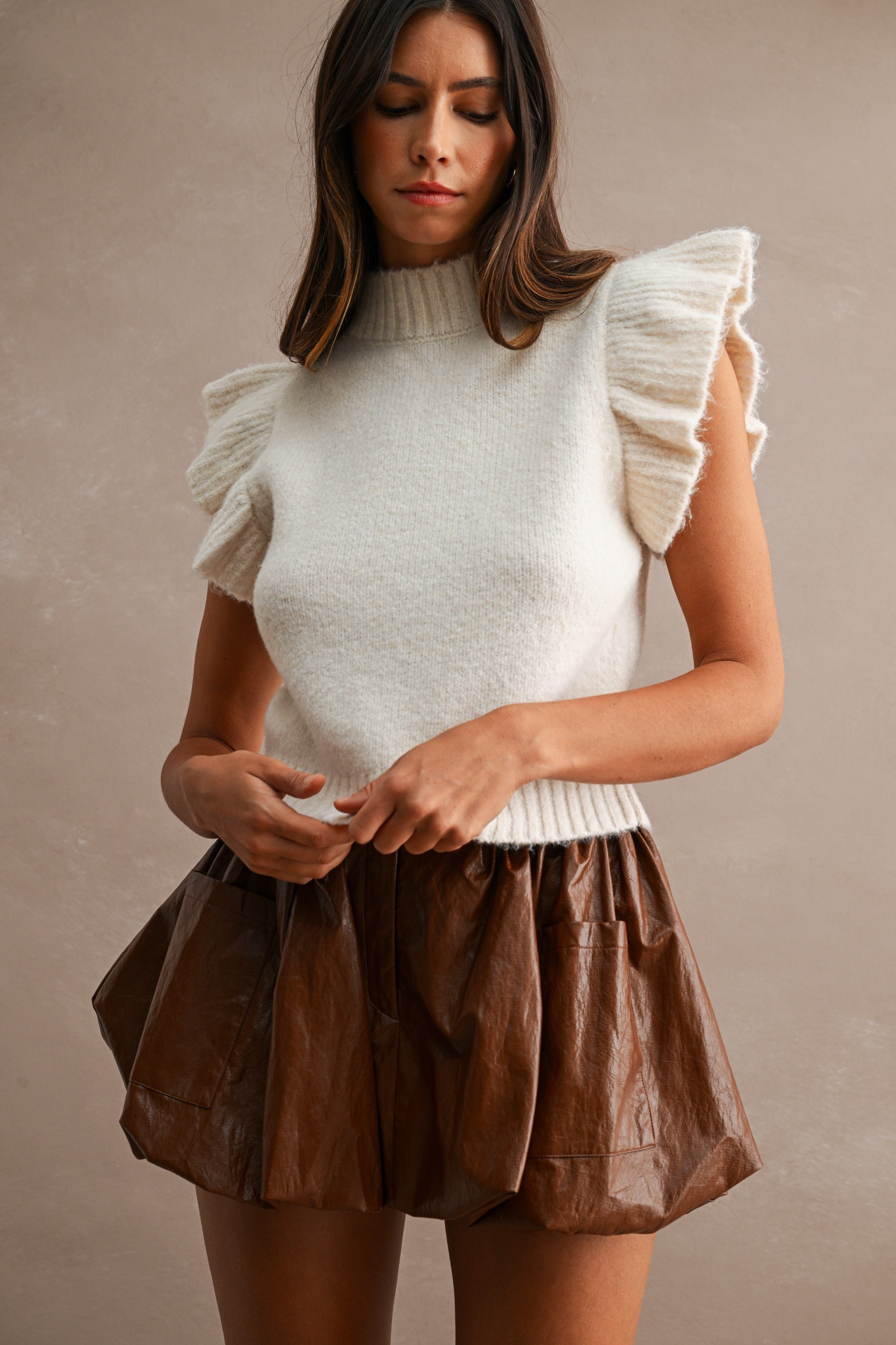 Knit Ruffle Sleeve Mock Neckline Sweater Top